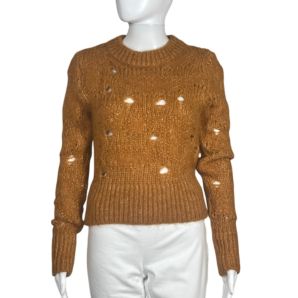H&M Premium XS Alpaca/Wool Distressed Open Knit Sweater Golden Cognac Brown NWT